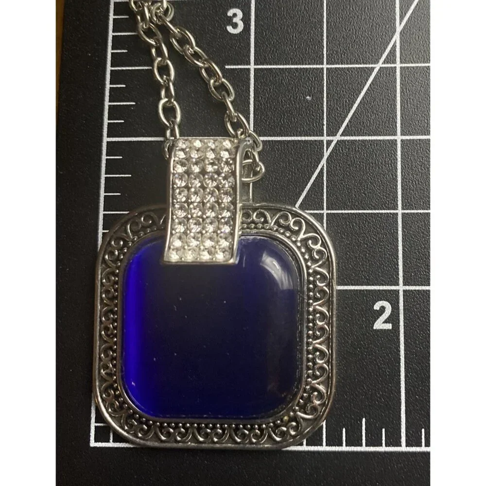 Royal Blue Cat's Eye Pendant Iced Out CZ Hip Hop Silver Tone  Chain Cable 34+2" - Picture 4 of 6